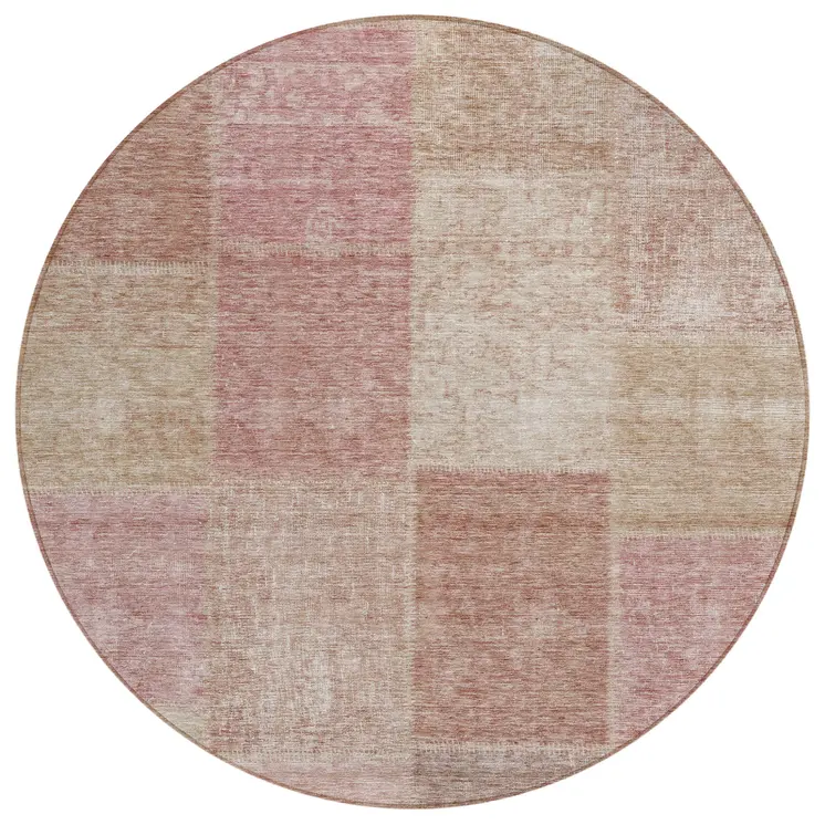 8' Blush Pink And Mauve Round Patchwork Washable Indoor Outdoor Area Rug