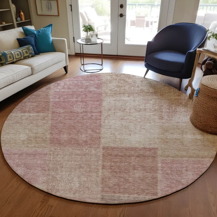 8' Blush Pink And Mauve Round Patchwork Washable Indoor Outdoor Area Rug