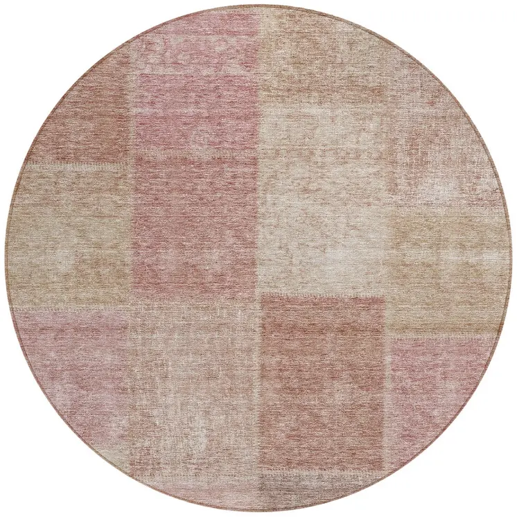 8' Blush Pink And Mauve Round Patchwork Washable Indoor Outdoor Area Rug