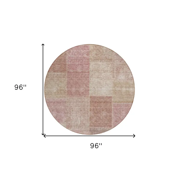 8' Blush Pink And Mauve Round Patchwork Washable Indoor Outdoor Area Rug