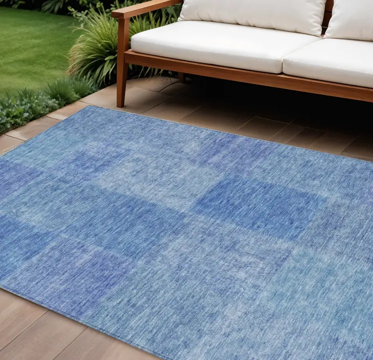 10' X 14' Denim Blue And Sky Blue Patchwork Washable Indoor Outdoor Area Rug