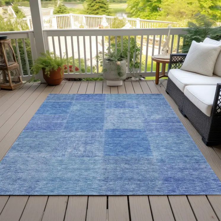 10' X 14' Denim Blue And Sky Blue Patchwork Washable Indoor Outdoor Area Rug