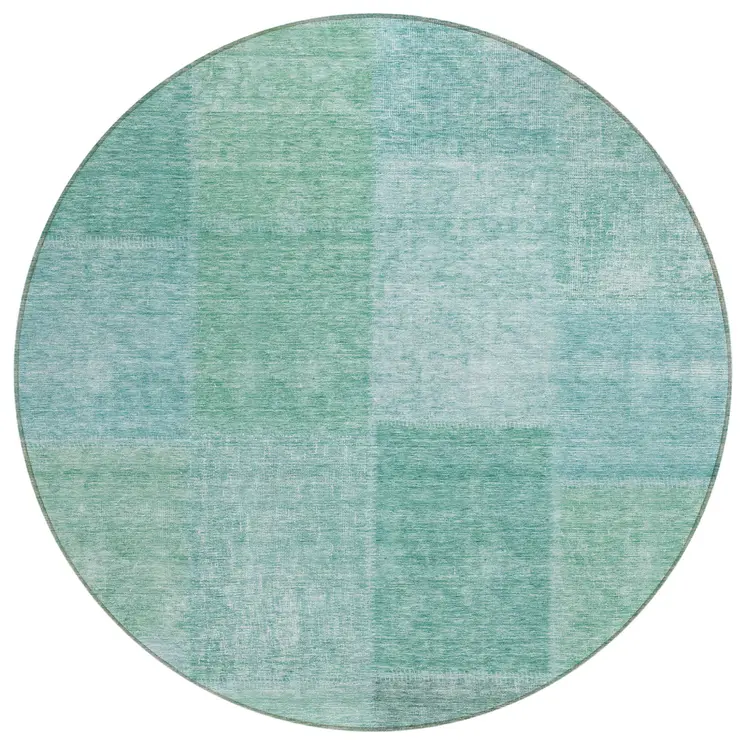 8' Teal Blue Sage And Green Round Patchwork Washable Indoor Outdoor Area Rug