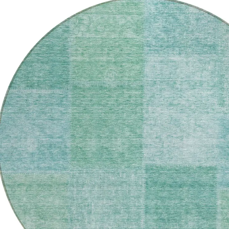 8' Teal Blue Sage And Green Round Patchwork Washable Indoor Outdoor Area Rug