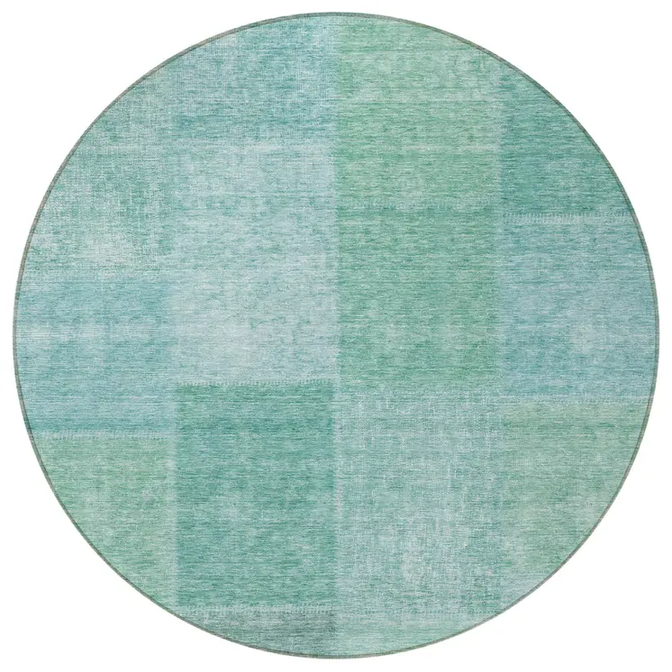 8' Teal Blue Sage And Green Round Patchwork Washable Indoor Outdoor Area Rug