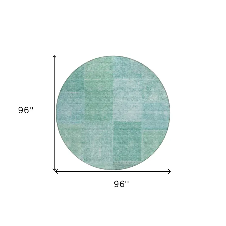 8' Teal Blue Sage And Green Round Patchwork Washable Indoor Outdoor Area Rug