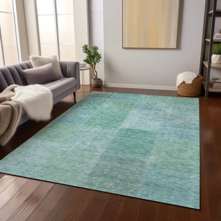 8' X 10' Teal Blue Sage And Green Patchwork Washable Indoor Outdoor Area Rug