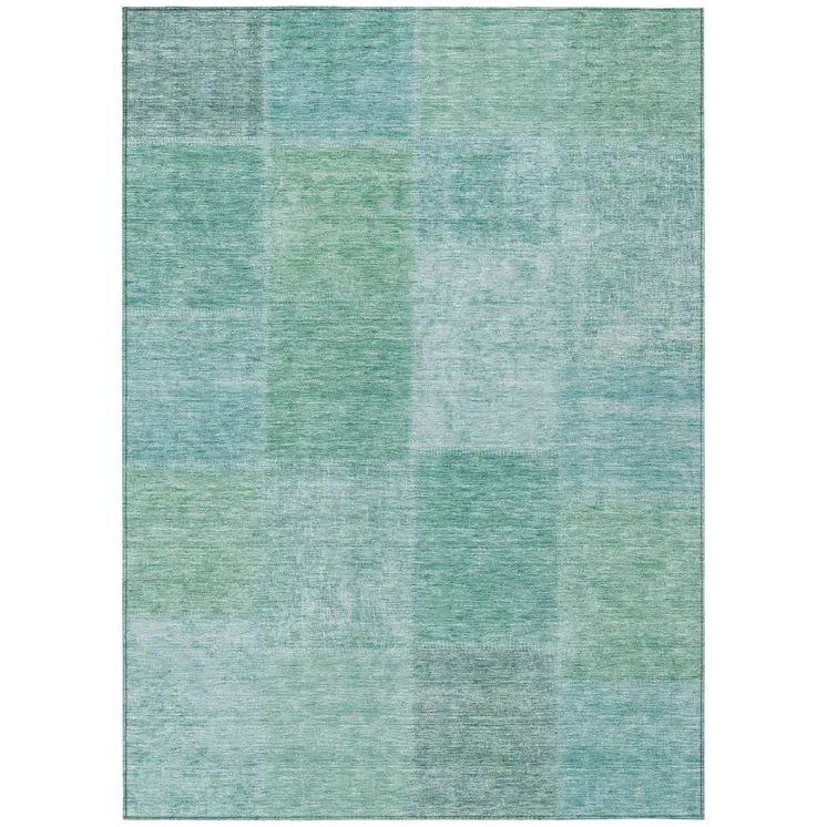9' X 12' Teal Blue Sage And Green Patchwork Washable Indoor Outdoor Area Rug