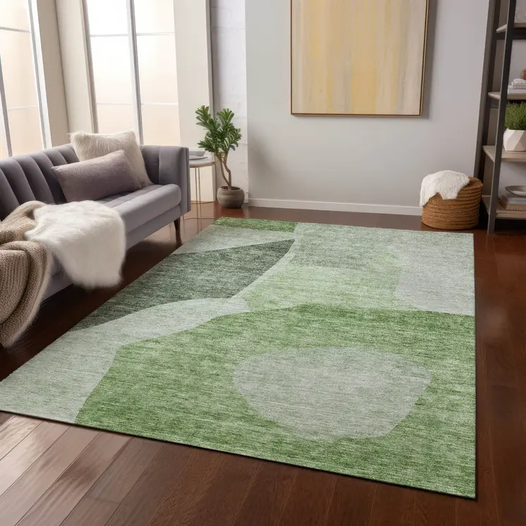 5' X 8' Olive Green And Fern Green Abstract Washable Indoor Outdoor Area Rug
