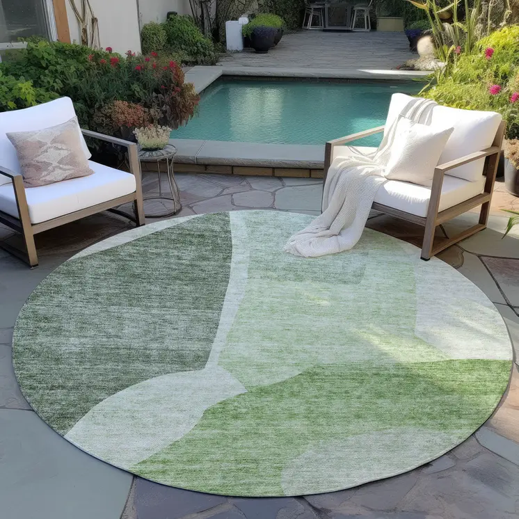 8' Olive Green And Fern Green Round Abstract Washable Indoor Outdoor Area Rug