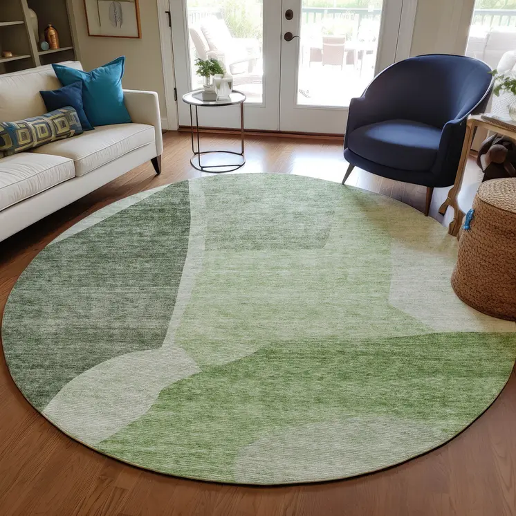 8' Olive Green And Fern Green Round Abstract Washable Indoor Outdoor Area Rug