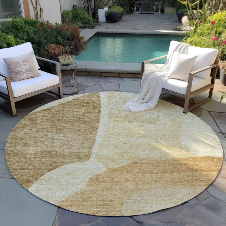 8' Beige Copper And Brown Round Abstract Washable Indoor Outdoor Area Rug