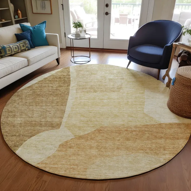 8' Beige Copper And Brown Round Abstract Washable Indoor Outdoor Area Rug