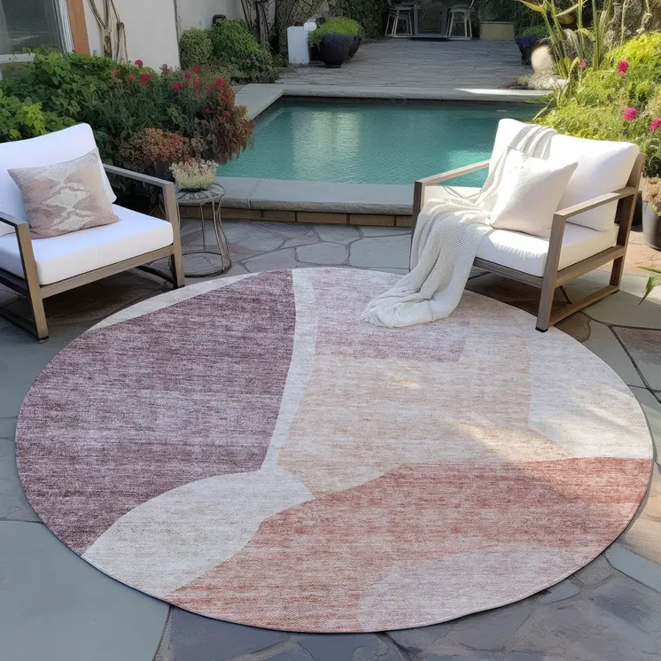 8' Blush Pink And Mauve Round Abstract Washable Indoor Outdoor Area Rug