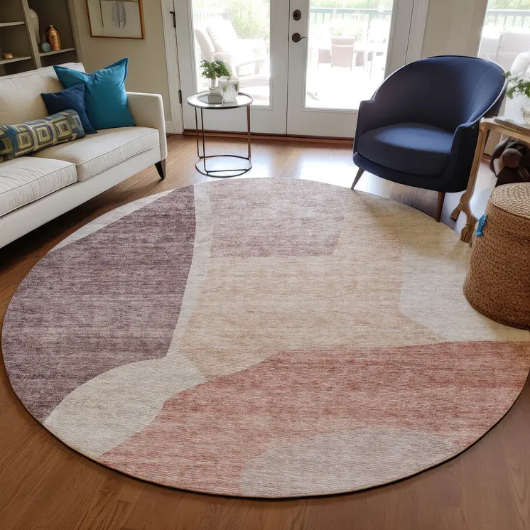 8' Blush Pink And Mauve Round Abstract Washable Indoor Outdoor Area Rug