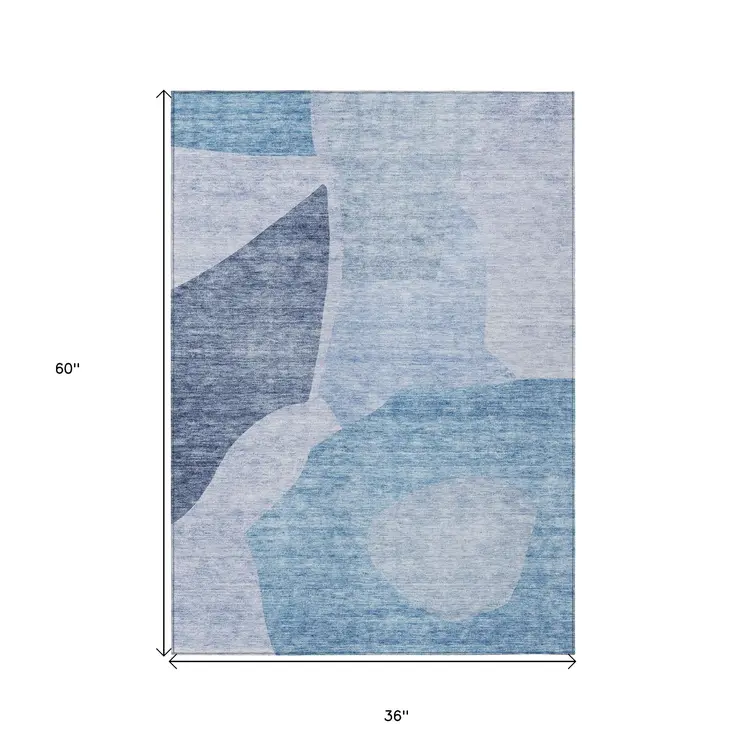 3' X 5' Denim Blue And Navy Blue Abstract Washable Indoor Outdoor Area Rug