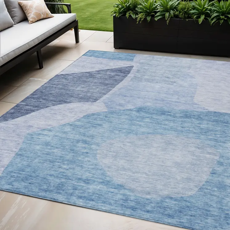 5' X 8' Denim Blue And Navy Blue Abstract Washable Indoor Outdoor Area Rug