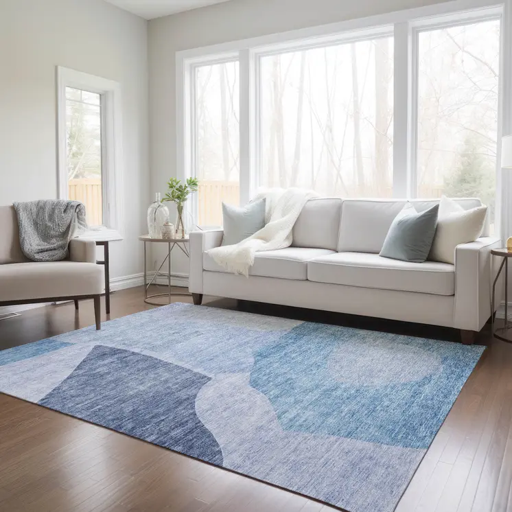 5' X 8' Denim Blue And Navy Blue Abstract Washable Indoor Outdoor Area Rug