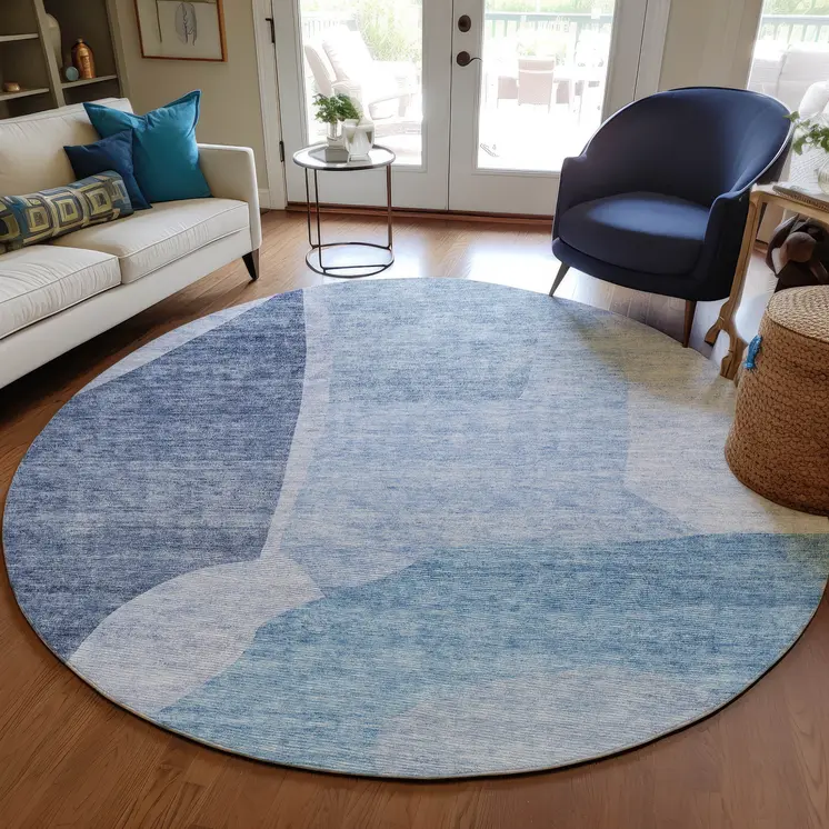 8' Denim Blue And Navy Blue Round Abstract Washable Indoor Outdoor Area Rug