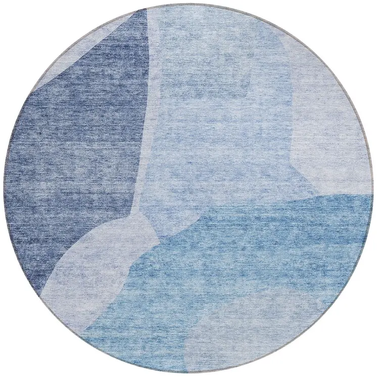 8' Denim Blue And Navy Blue Round Abstract Washable Indoor Outdoor Area Rug