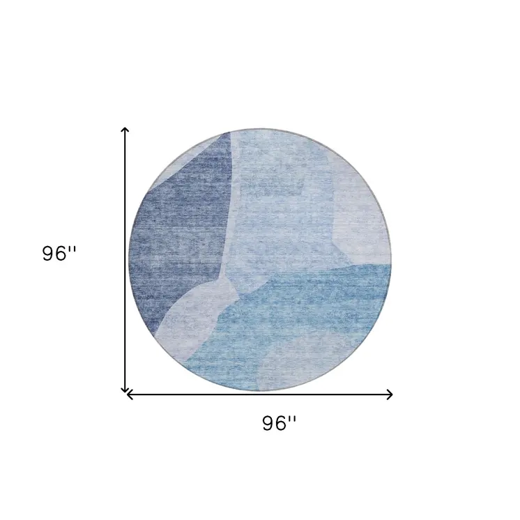 8' Denim Blue And Navy Blue Round Abstract Washable Indoor Outdoor Area Rug