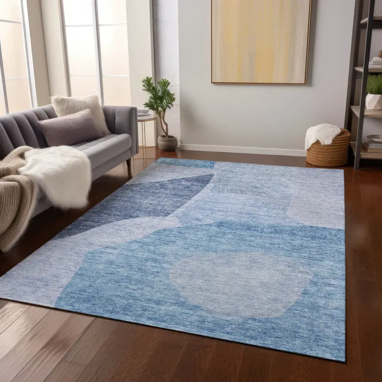 8' X 10' Denim Blue And Navy Blue Abstract Washable Indoor Outdoor Area Rug