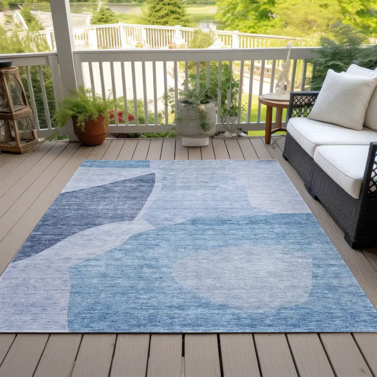 9' X 12' Denim Blue And Navy Blue Abstract Washable Indoor Outdoor Area Rug