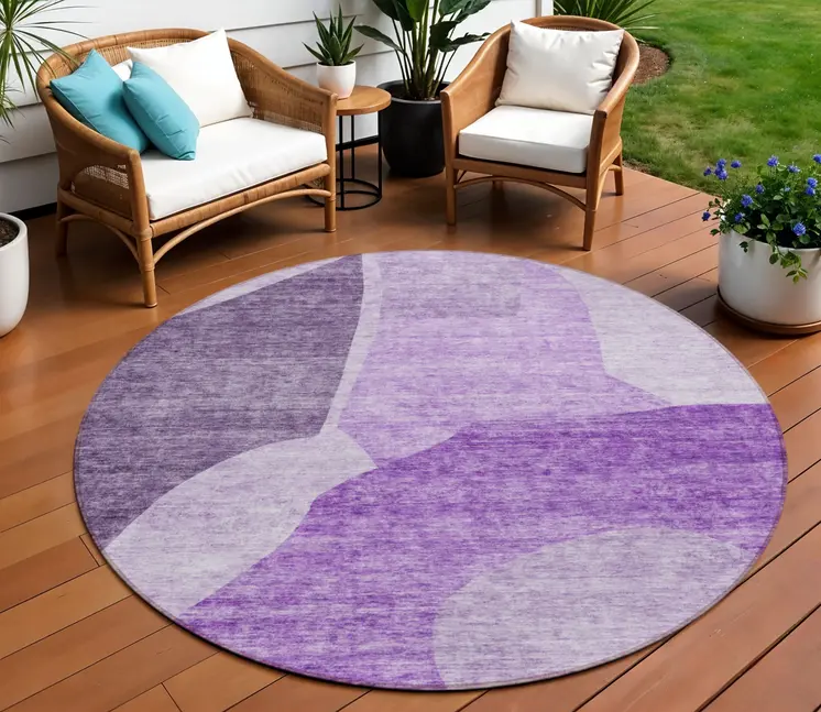 8' Eggplant Purple And Lilac Round Abstract Washable Indoor Outdoor Area Rug