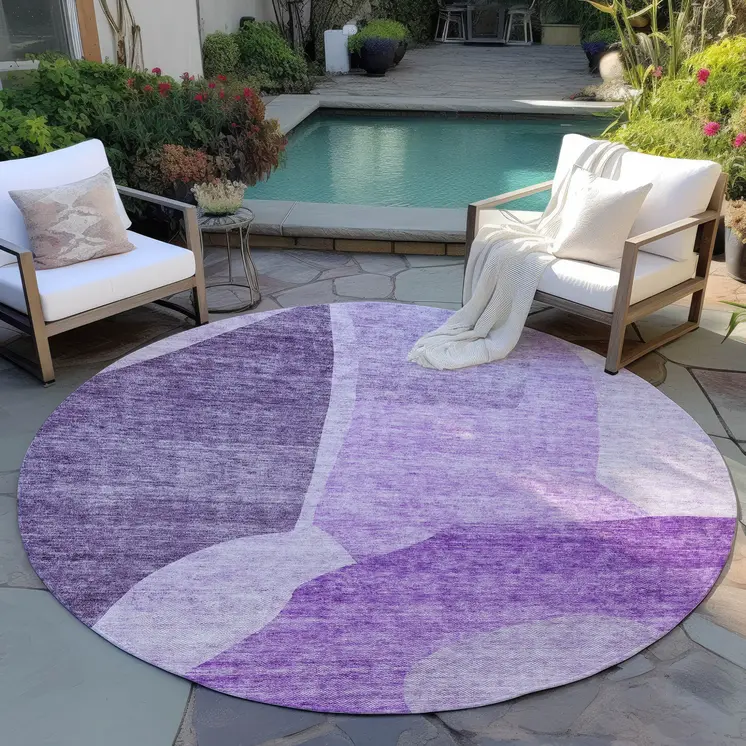 8' Eggplant Purple And Lilac Round Abstract Washable Indoor Outdoor Area Rug