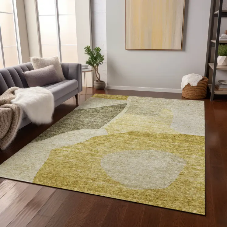 3' X 5' Gold Beige And Wheat Abstract Washable Indoor Outdoor Area Rug
