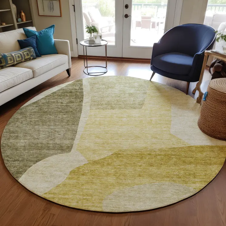 8' Gold Beige And Wheat Round Abstract Washable Indoor Outdoor Area Rug