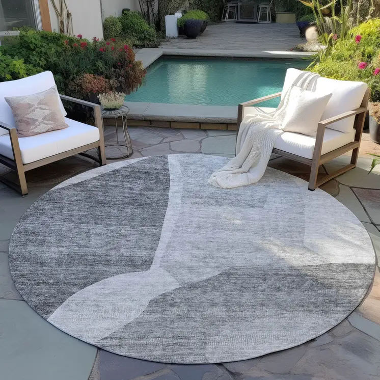 8' Silver Gray And Graphite Round Abstract Washable Indoor Outdoor Area Rug