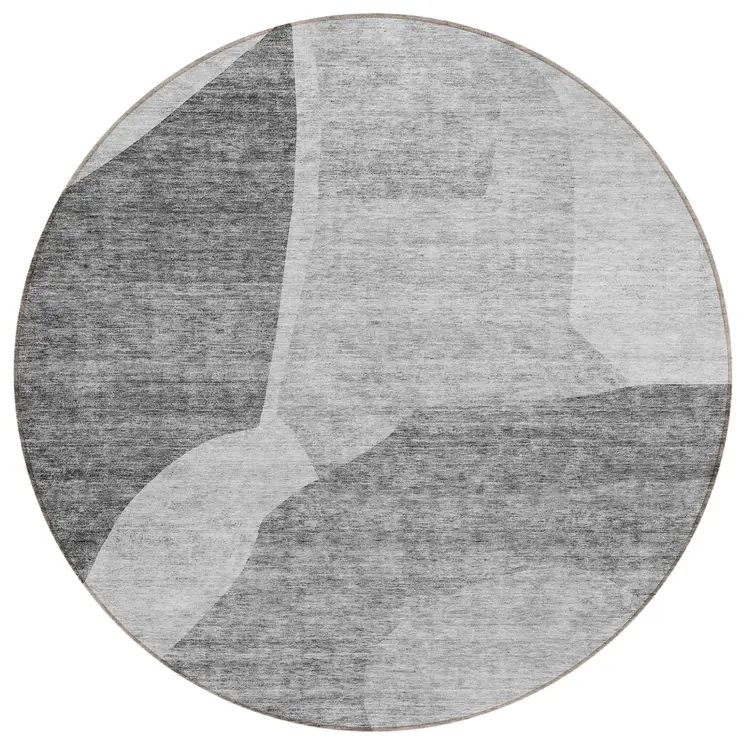 8' Silver Gray And Graphite Round Abstract Washable Indoor Outdoor Area Rug