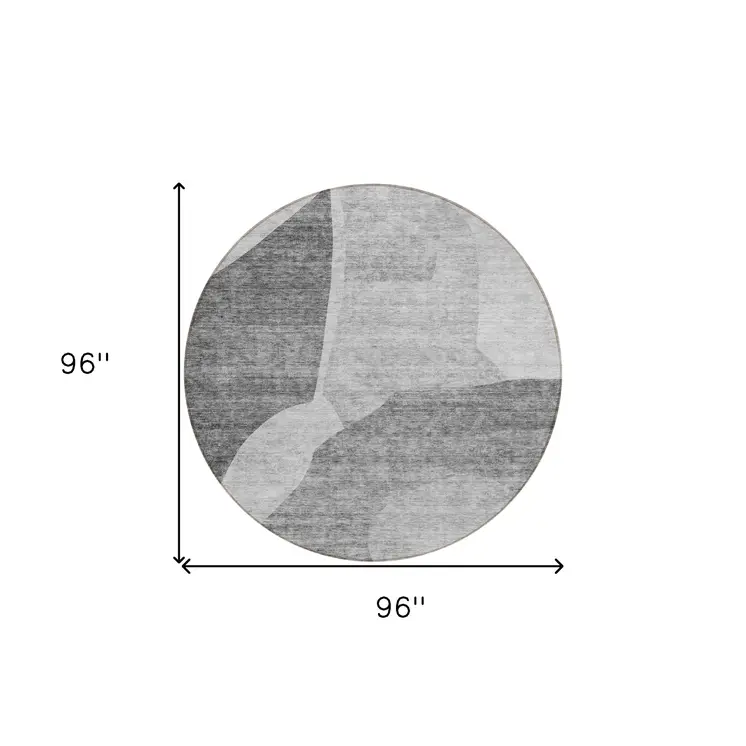 8' Silver Gray And Graphite Round Abstract Washable Indoor Outdoor Area Rug