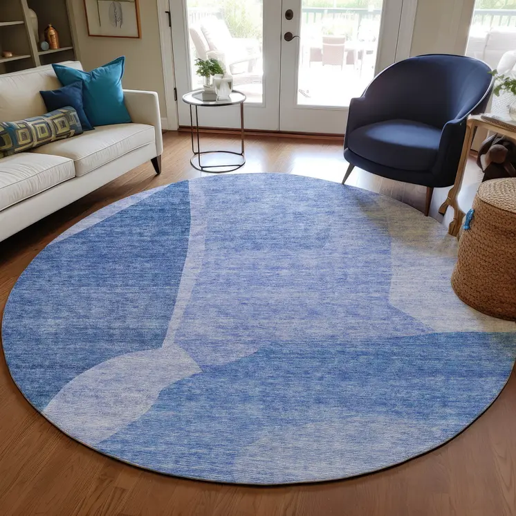8' Navy Blue And Denim Blue Round Abstract Washable Indoor Outdoor Area Rug