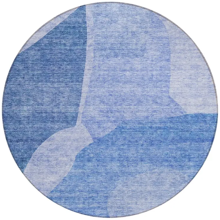 8' Navy Blue And Denim Blue Round Abstract Washable Indoor Outdoor Area Rug