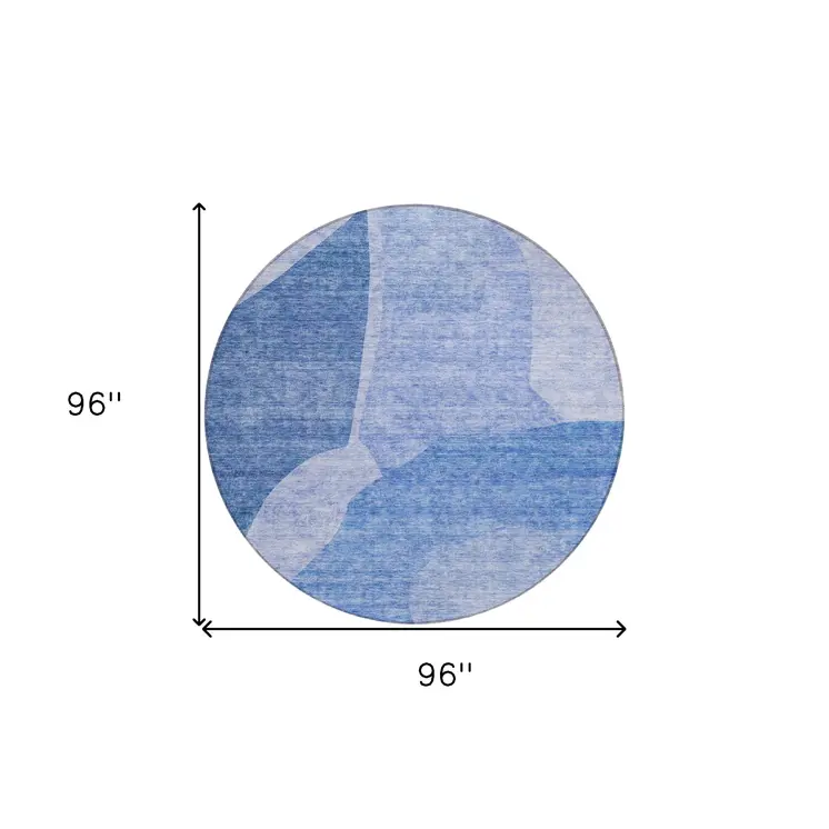 8' Navy Blue And Denim Blue Round Abstract Washable Indoor Outdoor Area Rug