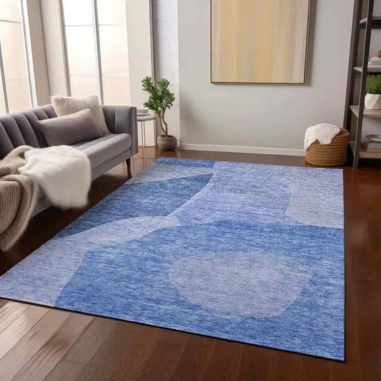 8' X 10' Navy Blue And Denim Blue Abstract Washable Indoor Outdoor Area Rug