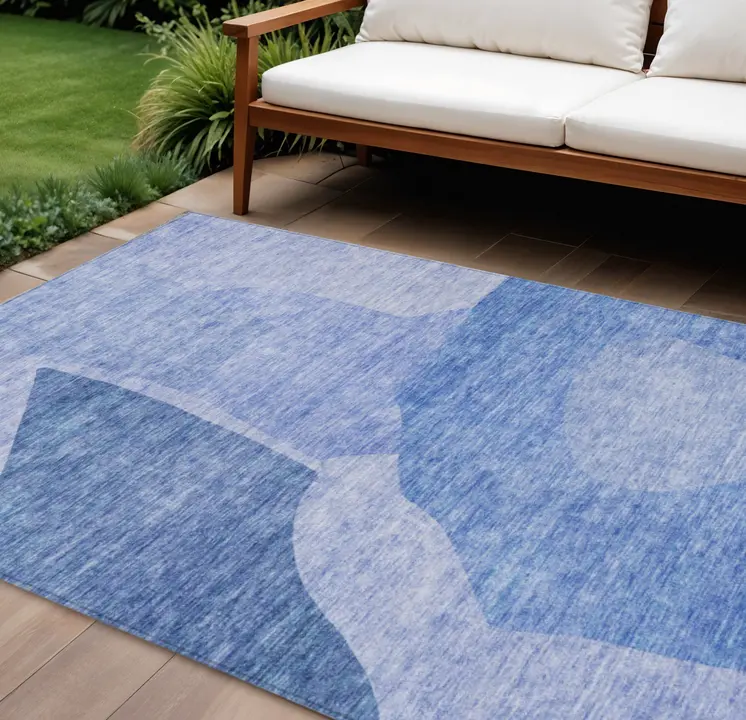 9' X 12' Navy Blue And Denim Blue Abstract Washable Indoor Outdoor Area Rug