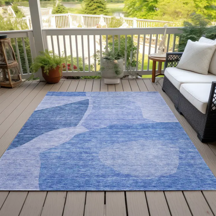 9' X 12' Navy Blue And Denim Blue Abstract Washable Indoor Outdoor Area Rug