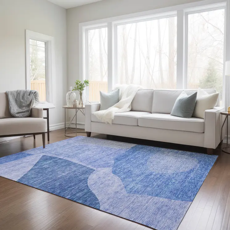 9' X 12' Navy Blue And Denim Blue Abstract Washable Indoor Outdoor Area Rug