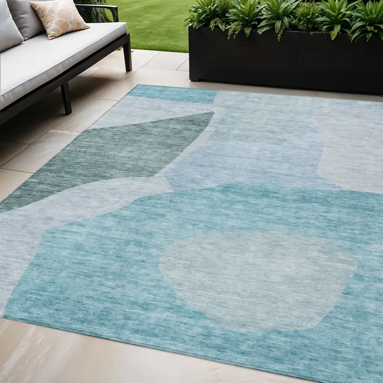 5' X 8' Teal Blue Artichoke Green And Blue Abstract Washable Indoor Outdoor Area Rug