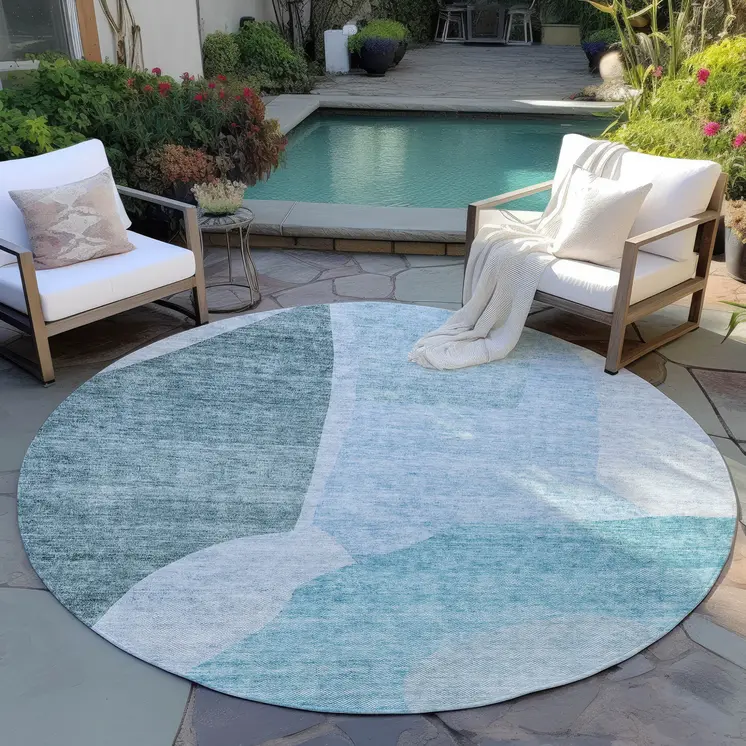 8' Teal Blue Artichoke Green And Blue Round Abstract Washable Indoor Outdoor Area Rug
