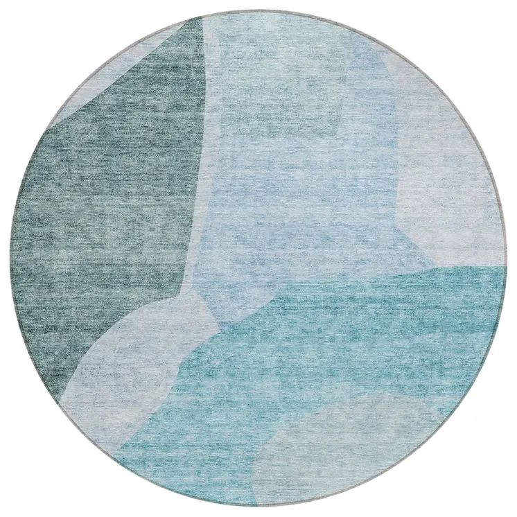 8' Teal Blue Artichoke Green And Blue Round Abstract Washable Indoor Outdoor Area Rug