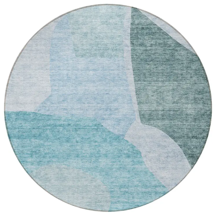 8' Teal Blue Artichoke Green And Blue Round Abstract Washable Indoor Outdoor Area Rug