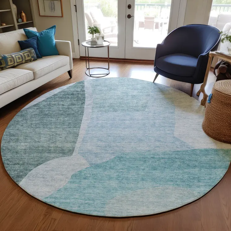 8' Teal Blue Artichoke Green And Blue Round Abstract Washable Indoor Outdoor Area Rug