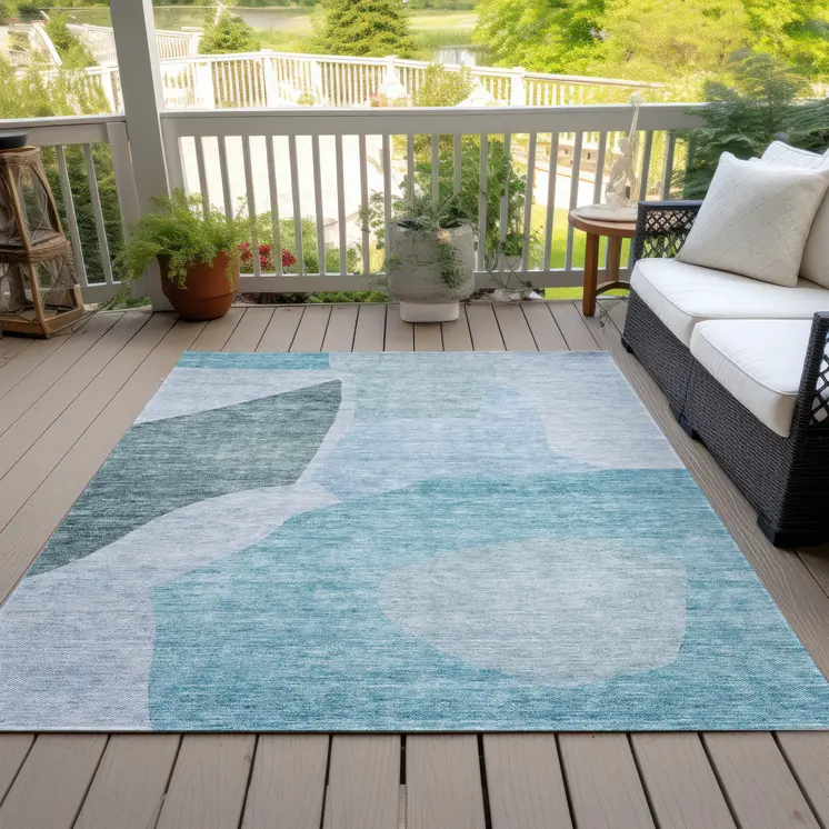 9' X 12' Teal Blue Artichoke Green And Blue Abstract Washable Indoor Outdoor Area Rug