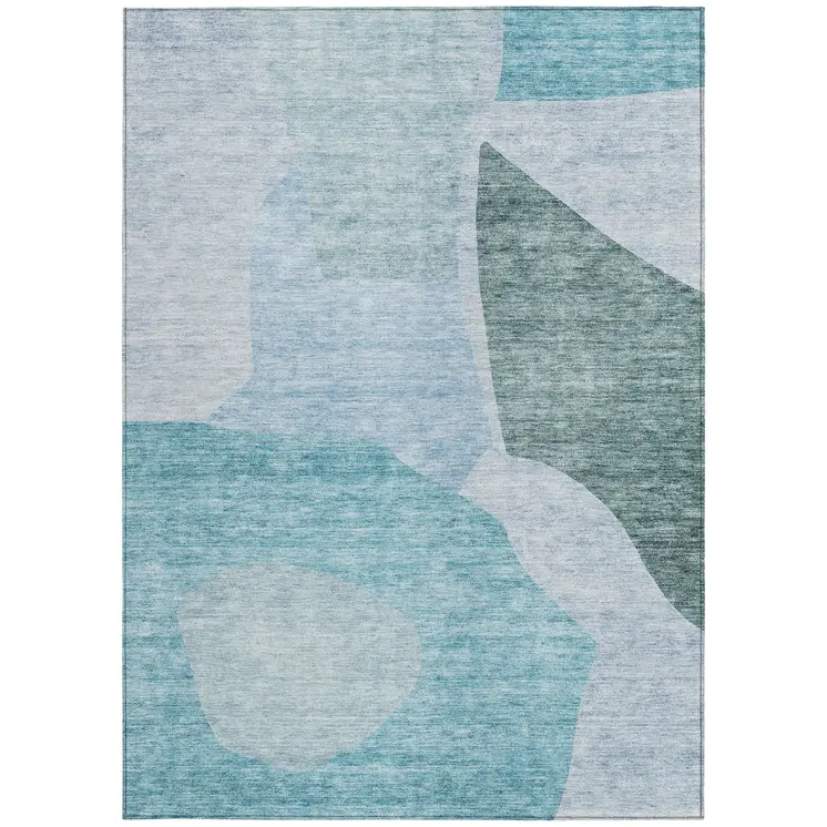 9' X 12' Teal Blue Artichoke Green And Blue Abstract Washable Indoor Outdoor Area Rug