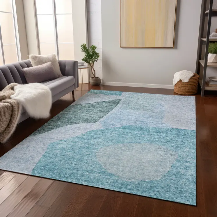 9' X 12' Teal Blue Artichoke Green And Blue Abstract Washable Indoor Outdoor Area Rug