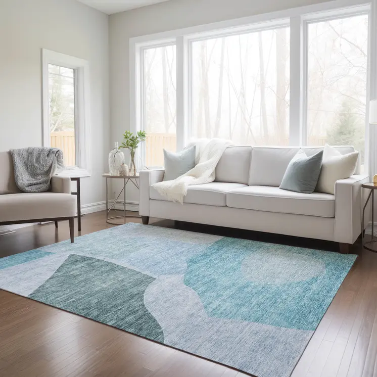 9' X 12' Teal Blue Artichoke Green And Blue Abstract Washable Indoor Outdoor Area Rug